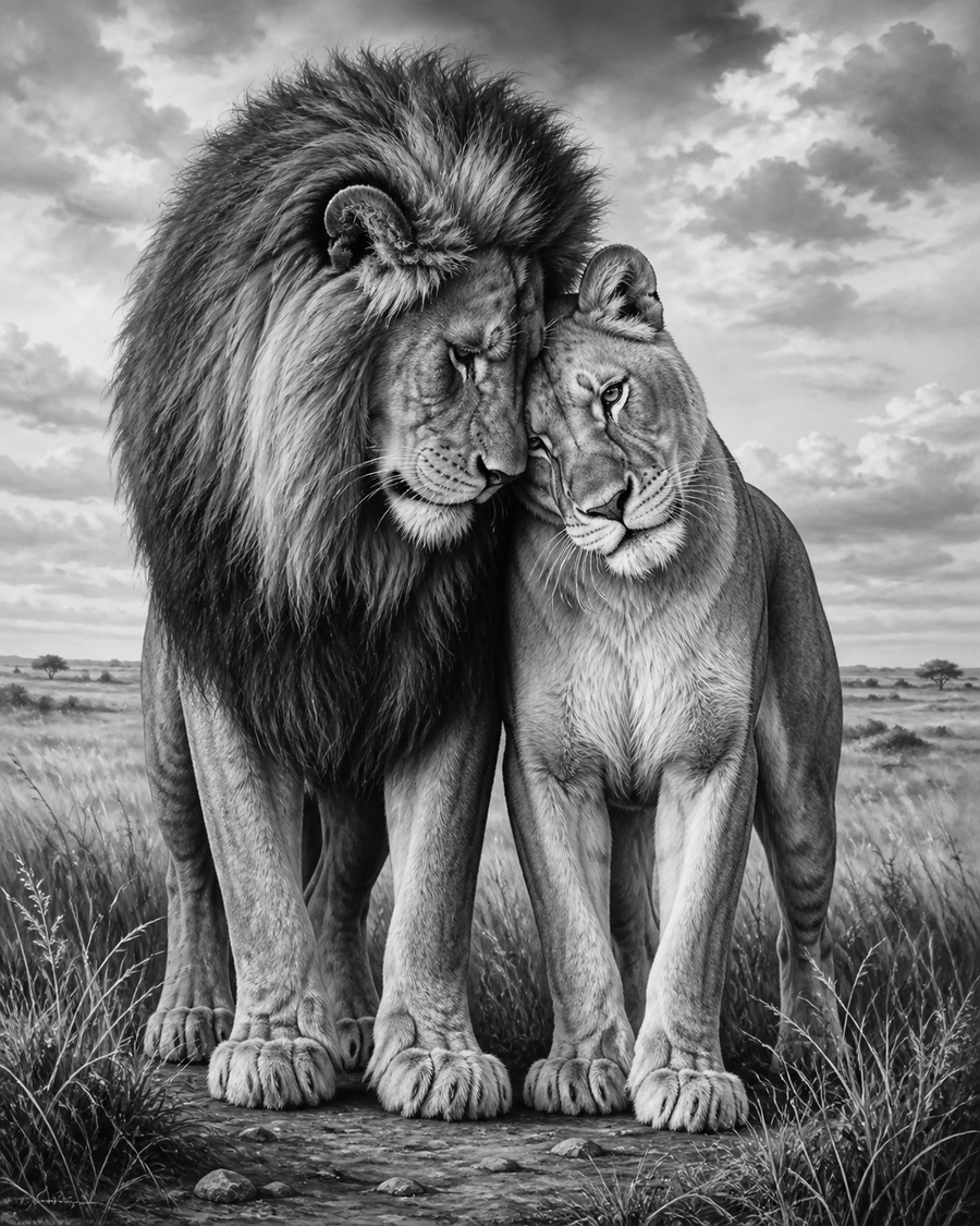 Diamond Painting Twee Leeuwen Zwart Wit – volledig zwart-witontwerp