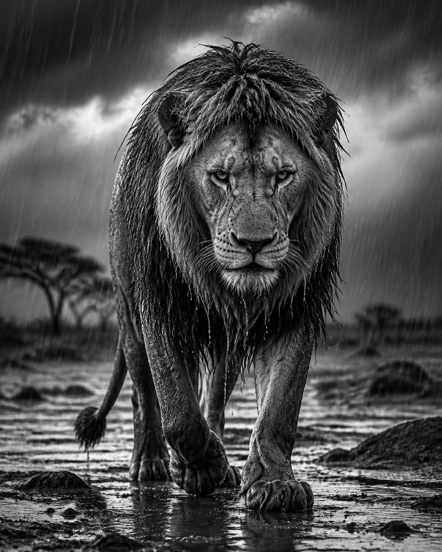 Diamond Painting Leeuw in de Regen Zwart Wit – volledig zwart-witontwerp