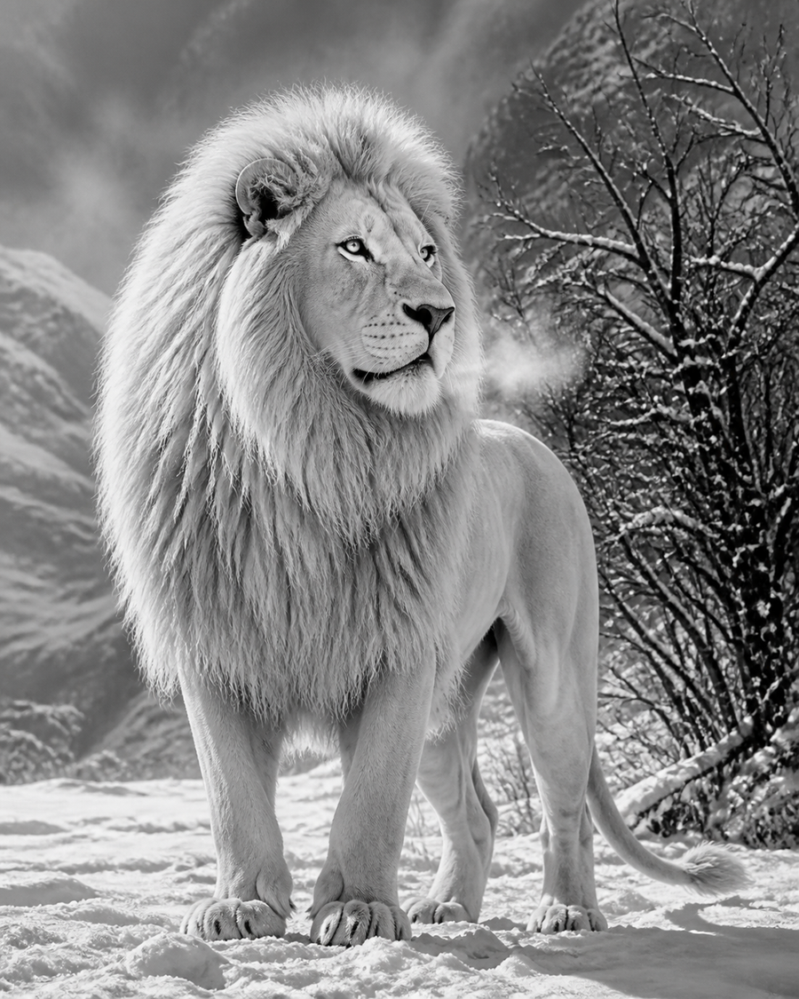Diamond Painting Witte Leeuw in de Sneeuw – volledig zwart-witontwerp