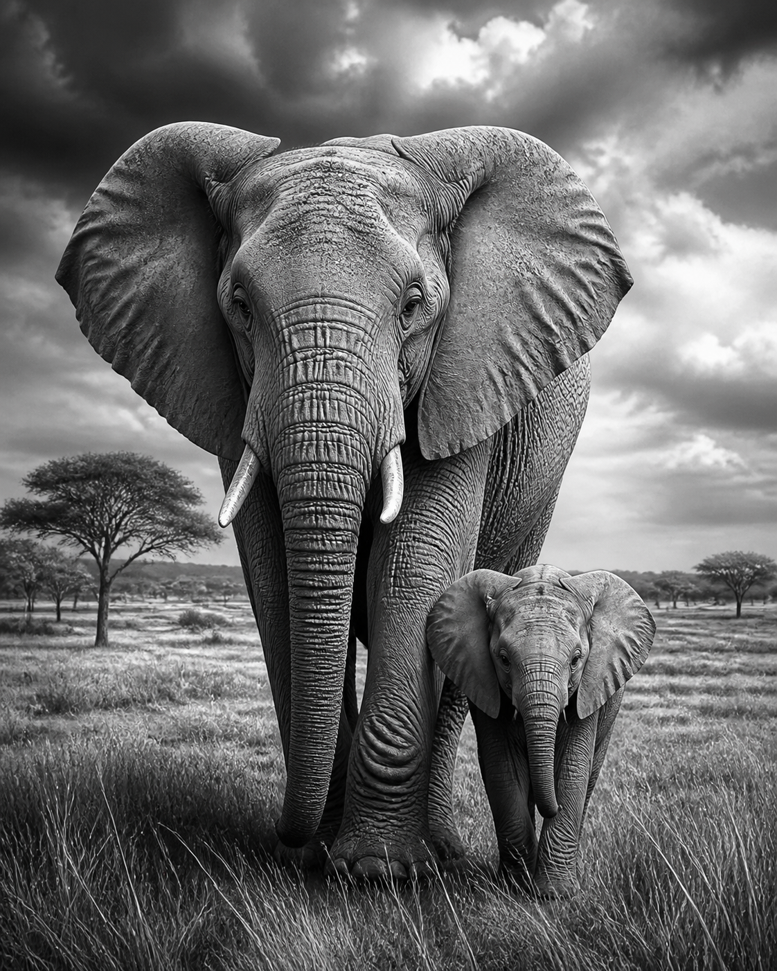 Diamond Painting Olifant met Kalf Zwart Wit – volledig zwart-witontwerp