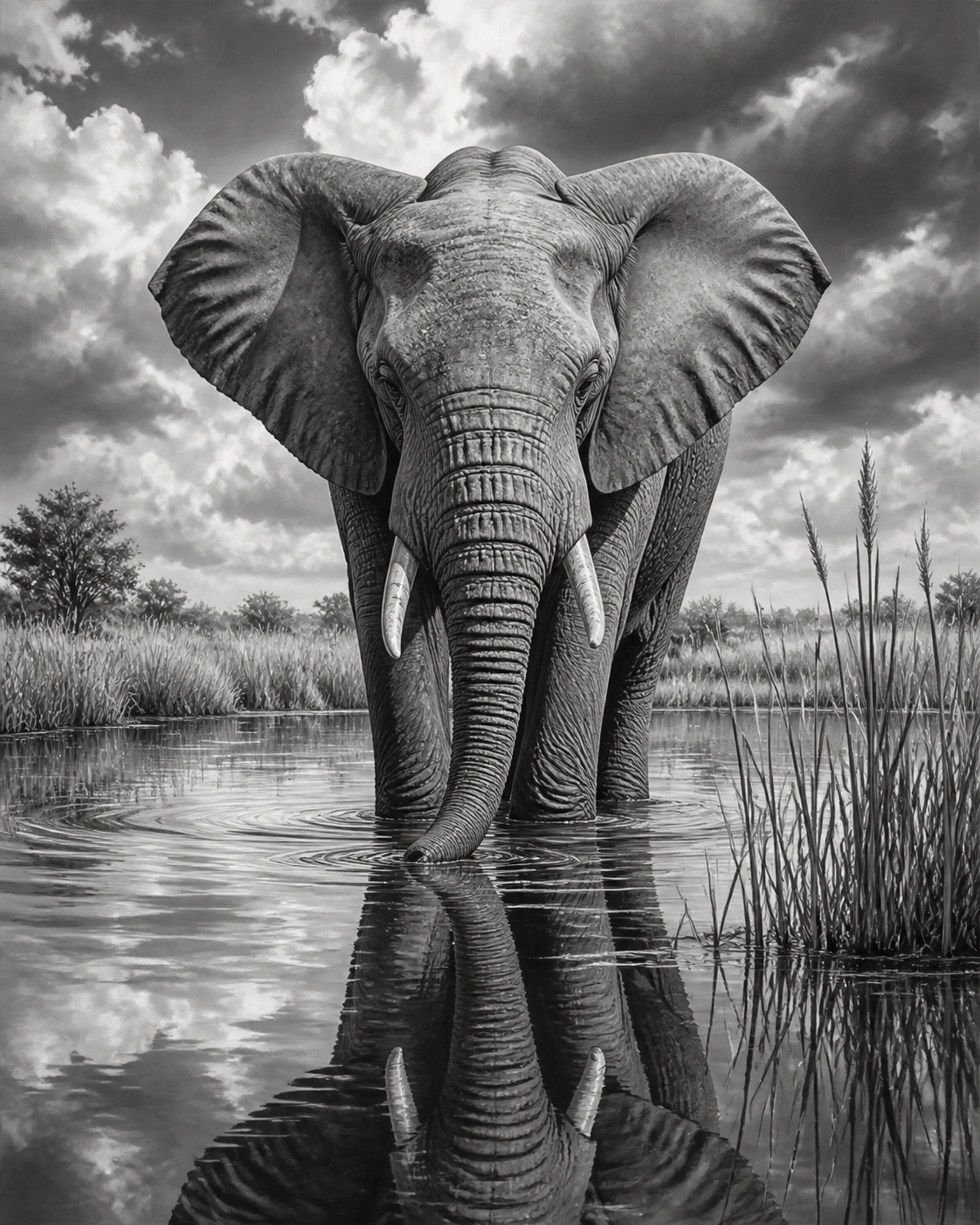 Diamond Painting Olifant bij het Water Zwart Wit – volledig zwart-witontwerp