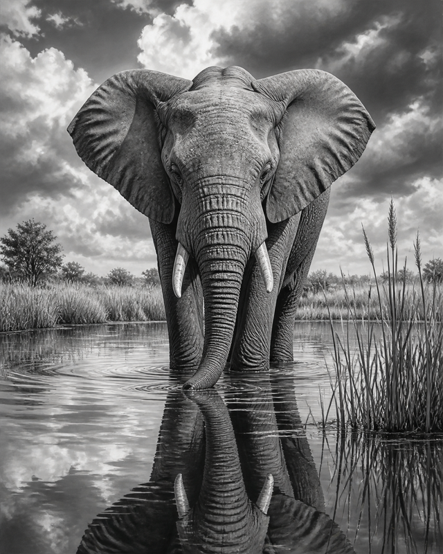 Diamond Painting Olifant bij het Water Zwart Wit – volledig zwart-witontwerp