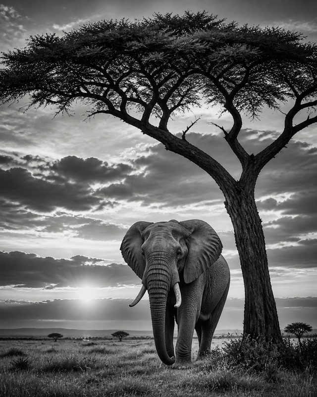 Diamond Painting Olifant onder de Acacia – volledig zwart-witontwerp