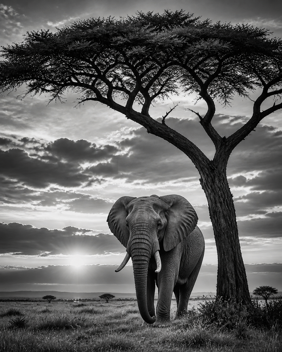 Diamond Painting Olifant onder de Acacia – volledig zwart-witontwerp