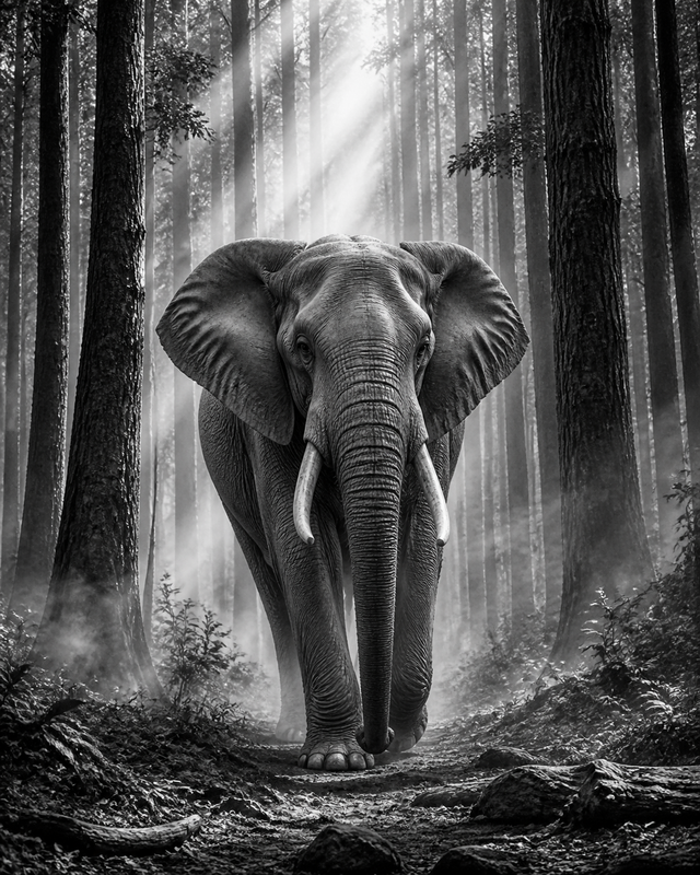 Diamond Painting Olifant in het Mistbos – volledig zwart-witontwerp