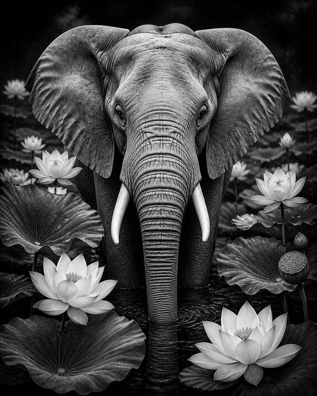 Diamond Painting Olifant met Lotusbloemen Zwart Wit – volledig zwart-witontwerp