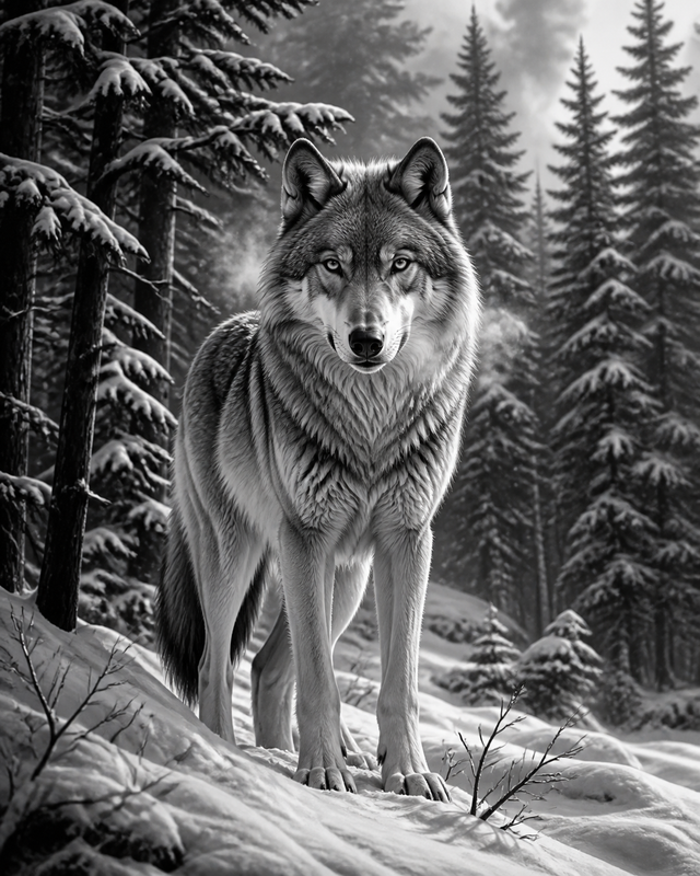 Diamond Painting Wolf in de Sneeuw Zwart Wit – volledig zwart-witontwerp
