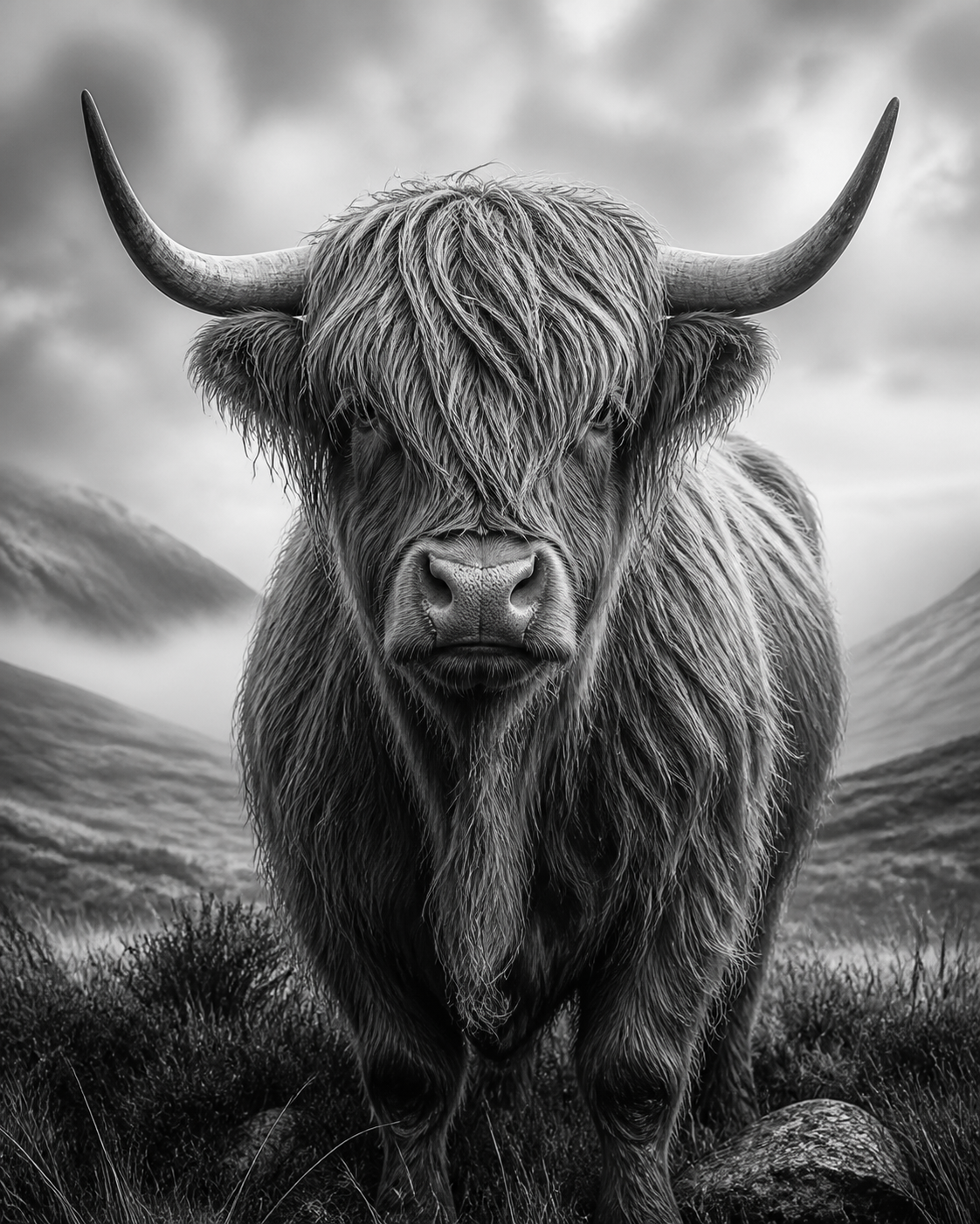 Diamond Painting Schotse Hooglander Zwart Wit – volledig zwart-witontwerp