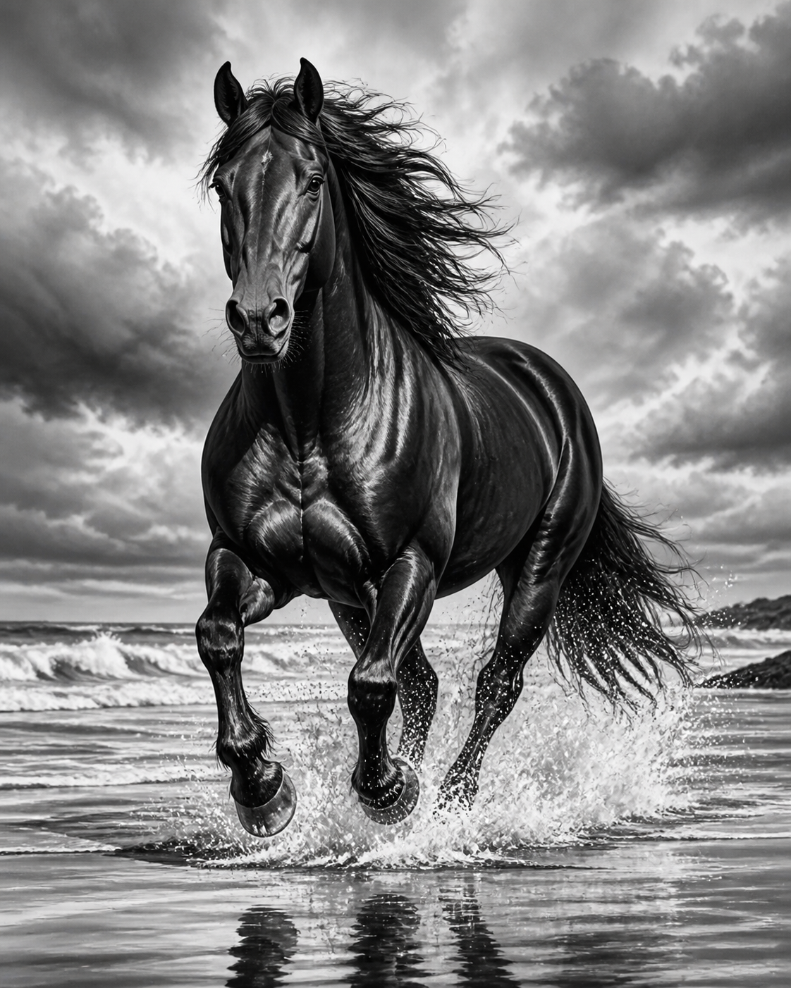 Diamond Painting Paard aan Zee Zwart Wit – volledig zwart-witontwerp