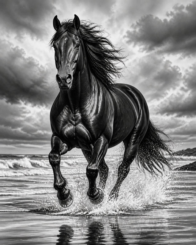 Diamond Painting Paard aan Zee Zwart Wit – volledig zwart-witontwerp