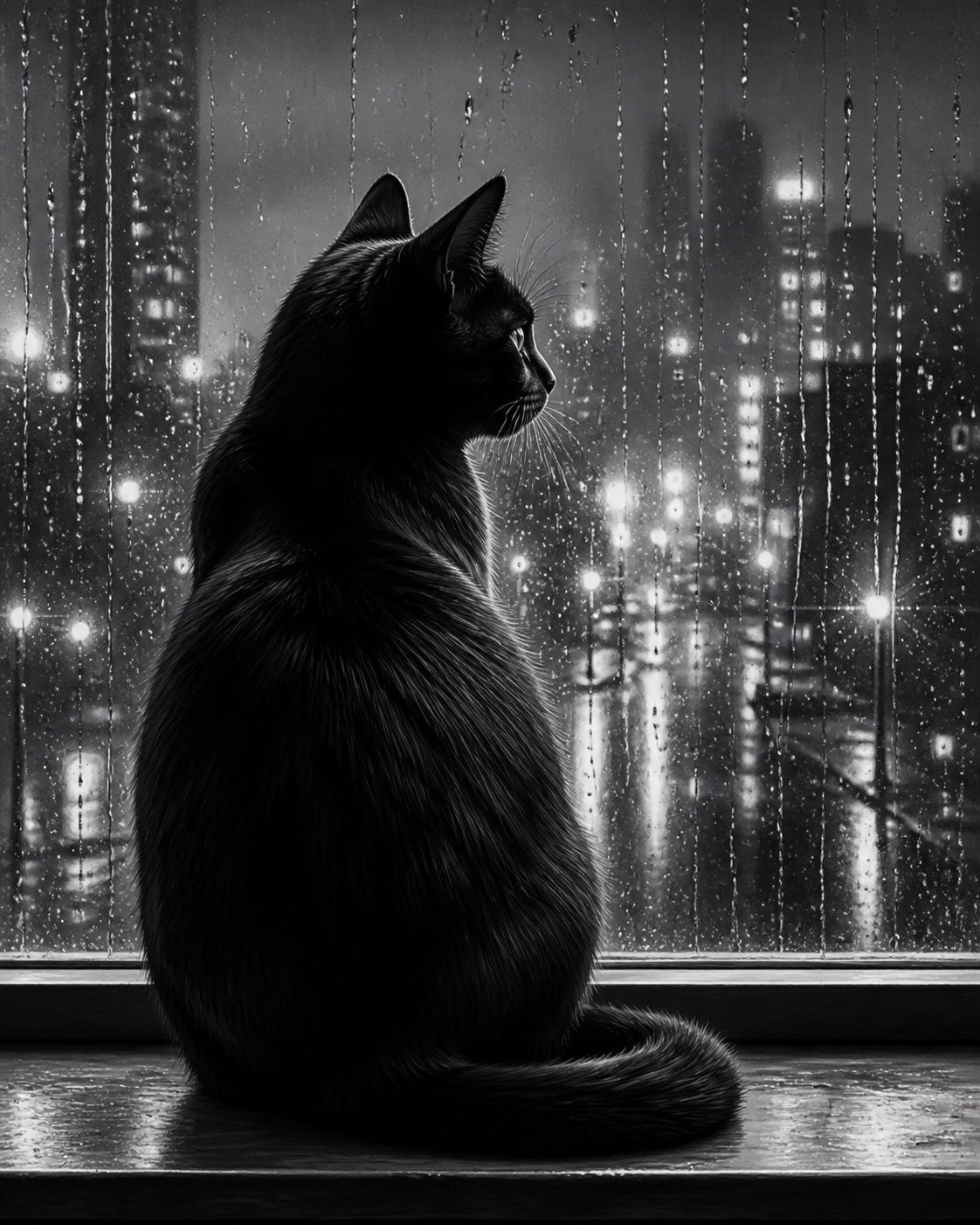 Diamond Painting Zwarte Kat bij het Raam – volledig zwart-witontwerp