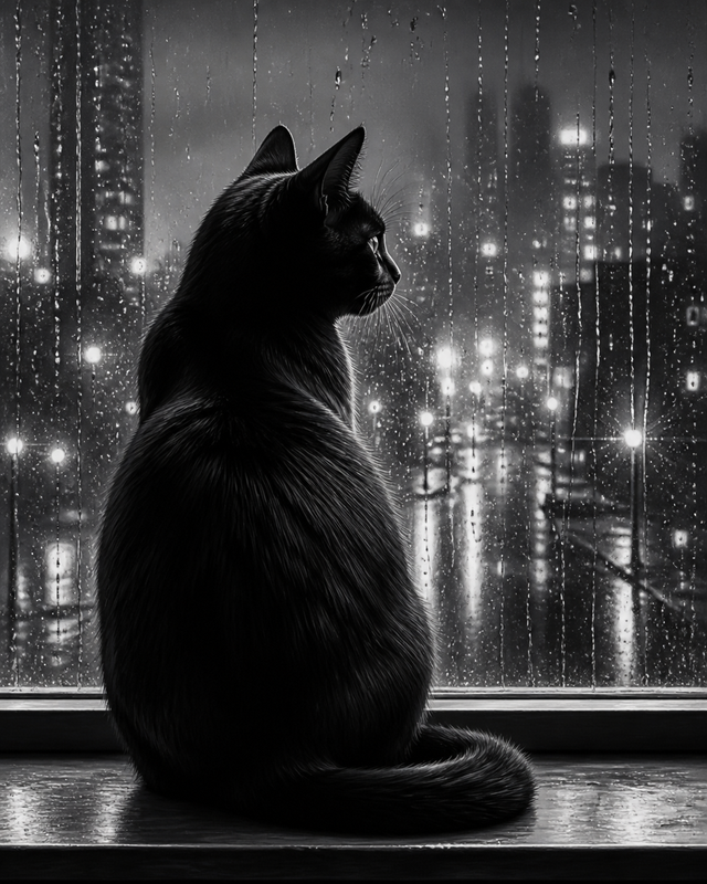 Diamond Painting Zwarte Kat bij het Raam – volledig zwart-witontwerp