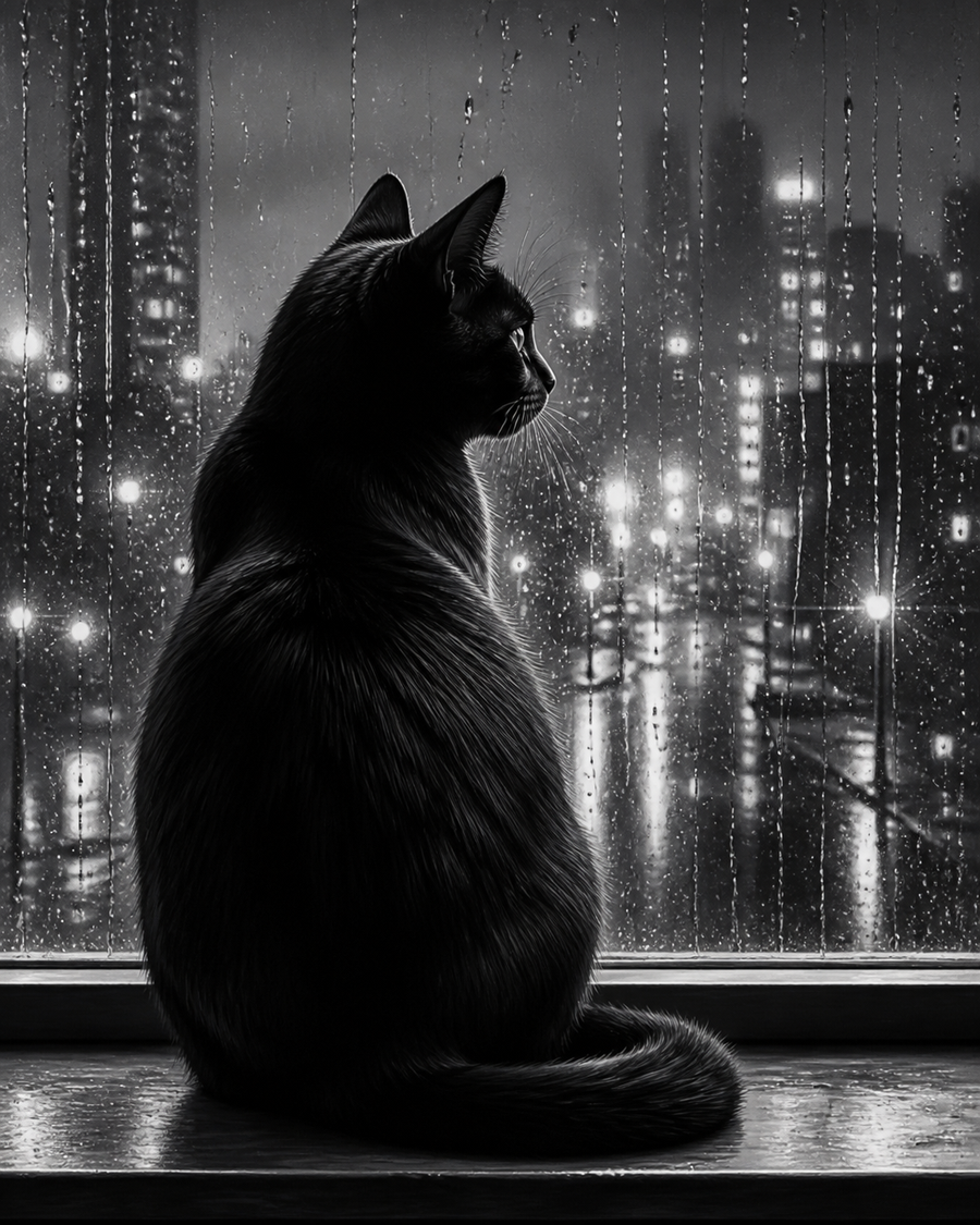 Diamond Painting Zwarte Kat bij het Raam – volledig zwart-witontwerp