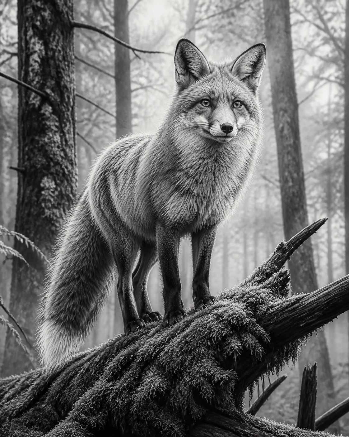 Diamond Painting Vos in het Mistbos Zwart Wit – volledig zwart-witontwerp