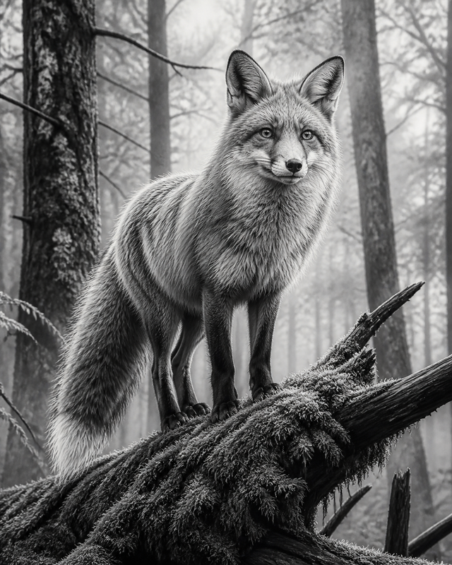 Diamond Painting Vos in het Mistbos Zwart Wit – volledig zwart-witontwerp