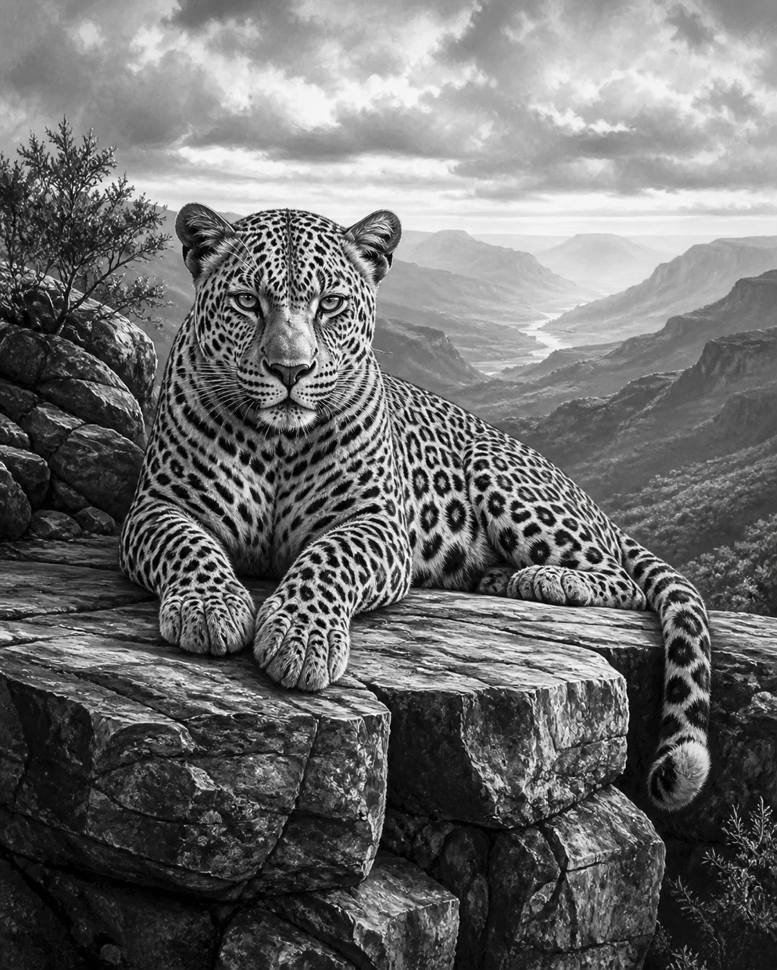 Diamond Painting Luipaard op de Rots Zwart Wit – volledig zwart-witontwerp