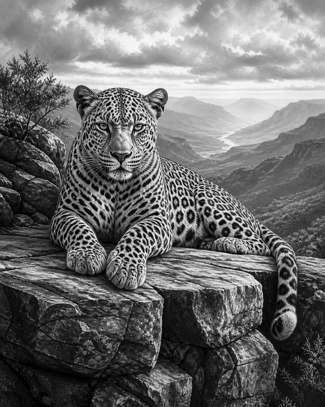 Diamond Painting Luipaard op de Rots Zwart Wit – volledig zwart-witontwerp