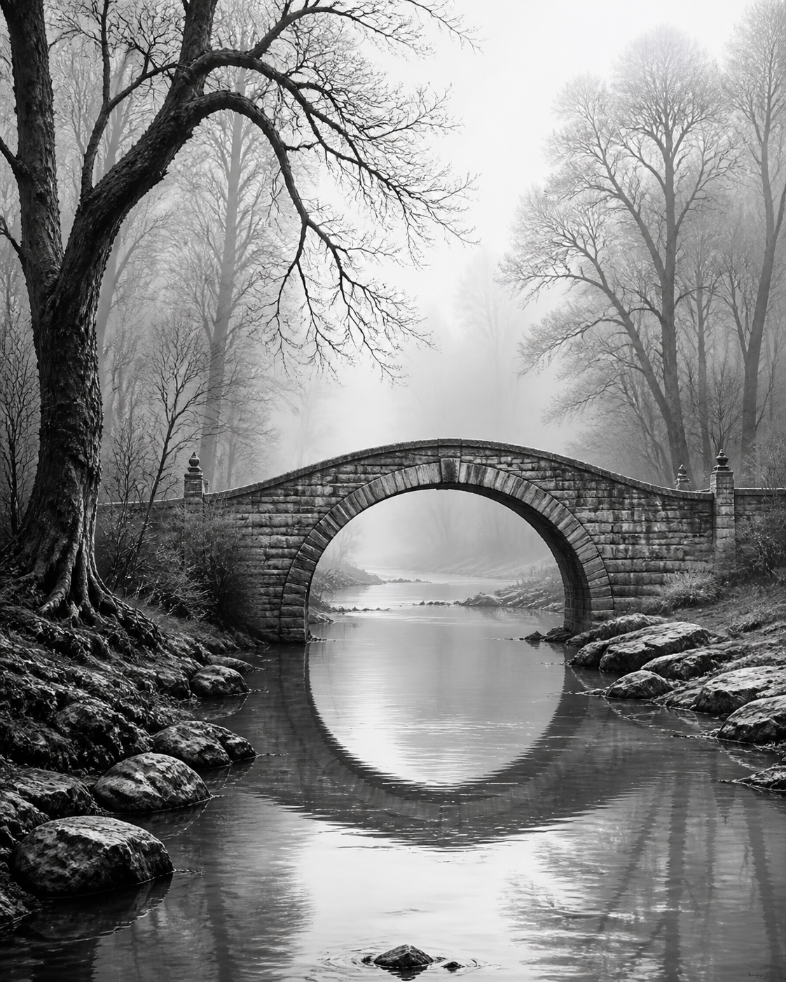 Diamond Painting Brug in de Nevel Zwart Wit – volledig zwart-witontwerp