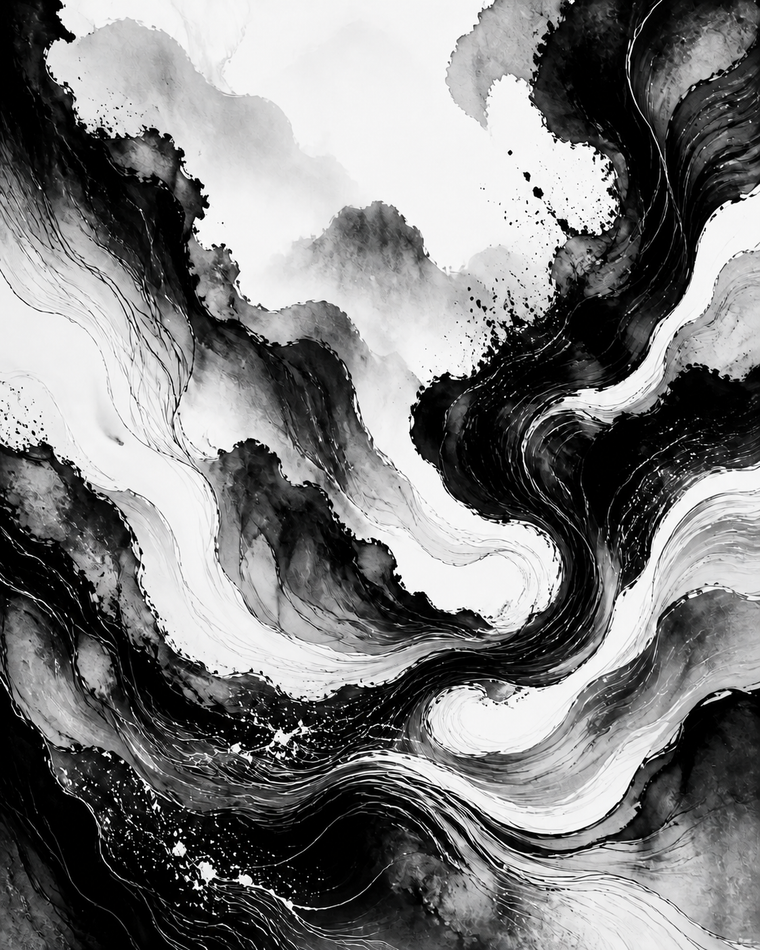 Diamond Painting Abstracte Inktgolven Zwart Wit – volledig zwart-witontwerp