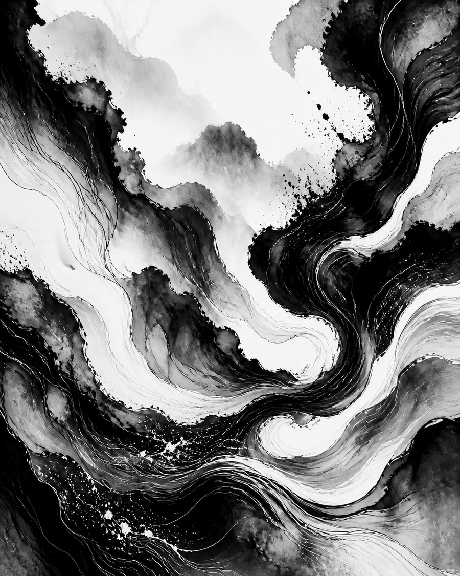 Diamond Painting Abstracte Inktgolven Zwart Wit – volledig zwart-witontwerp