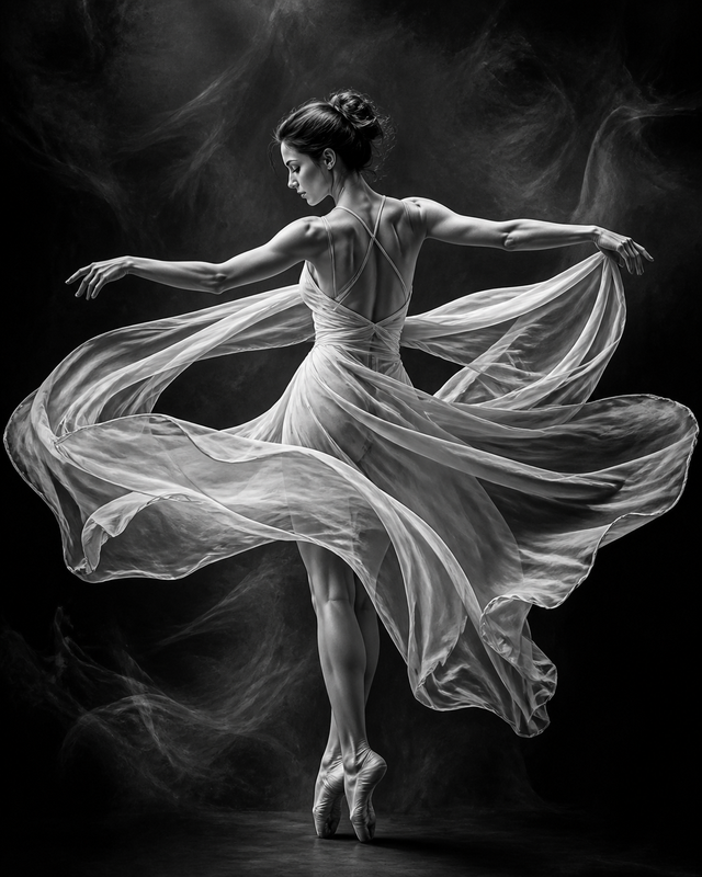 Diamond Painting Danseres met Wapperende Stof Zwart Wit – volledig zwart-witontwerp
