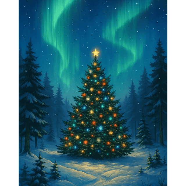 diamond painting - kerstboom en noorderlicht – afbeelding 1